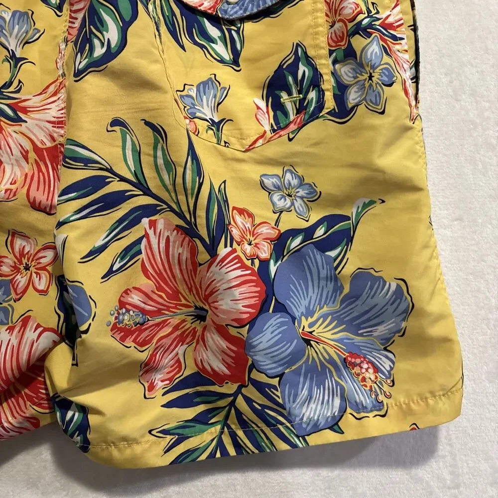 Polo Ralph Lauren Long Swim Trunks Men's Large Yellow Hibiscus Floral Traveler